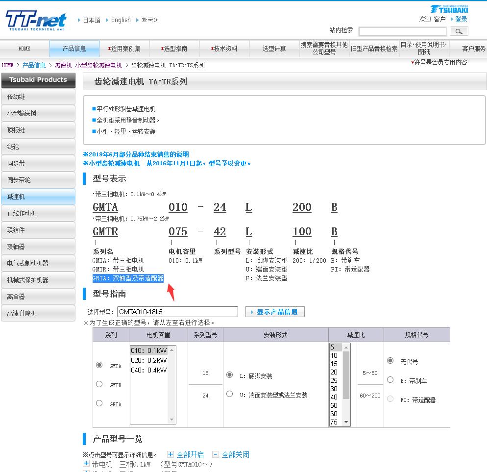 不含馬達GRTA系列椿本減速機型號GRTA150-38L10